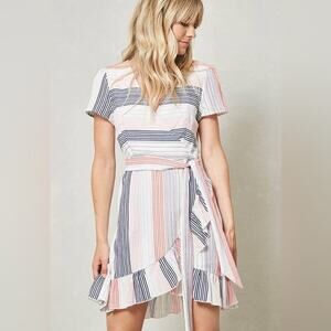 Promesa V-Neck Wrapped Ruffle Striped Lightweight Dress- Size Small